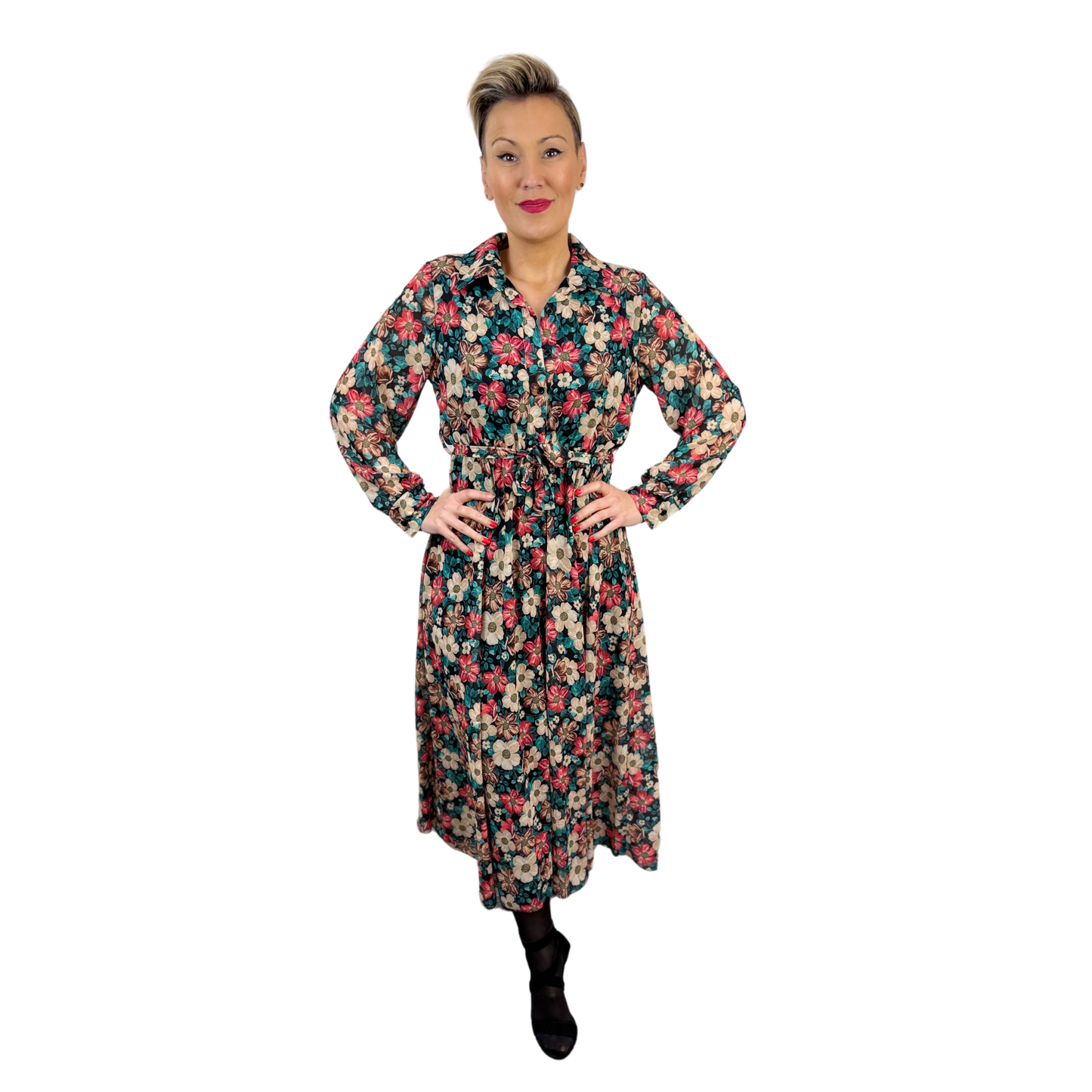 Rochie neagră midi cu imprimeu floral -k1