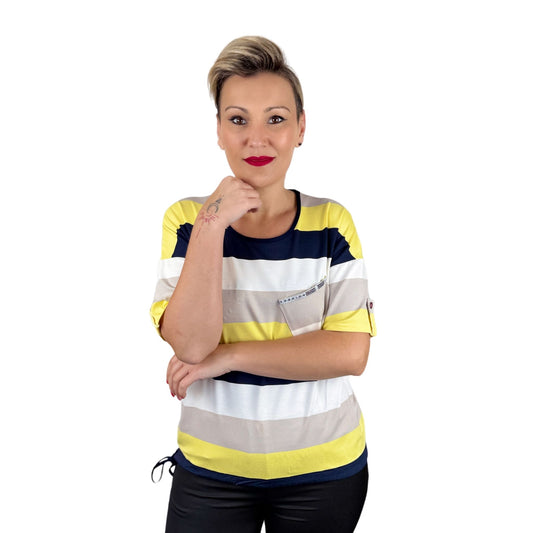 Bluză cu mânecă scurtă în dungi galben cu bleumarin -k1