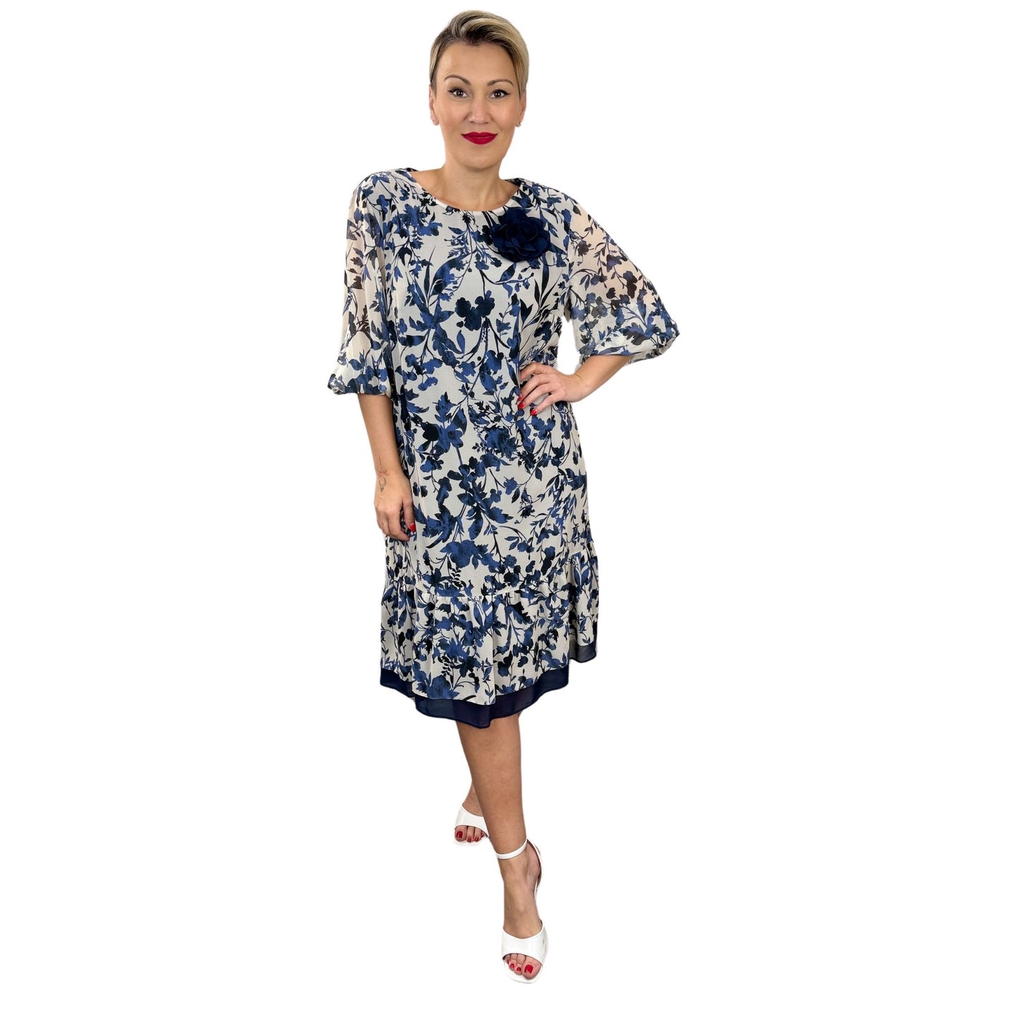 Rochie dreaptă cu imprimeu floral albastru -k1