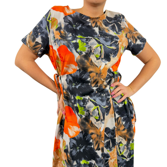 Rochie cu flori portocalii și gri -k1