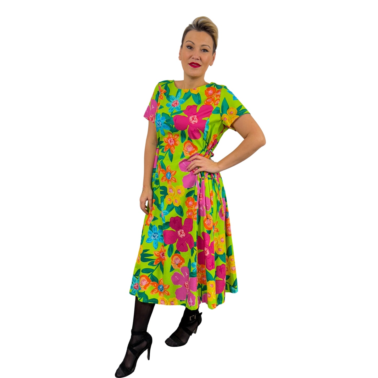 Rochie verde lime cu flori roz -k1