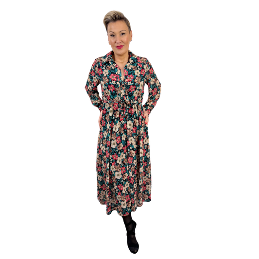 Rochie neagră midi cu imprimeu floral -k1