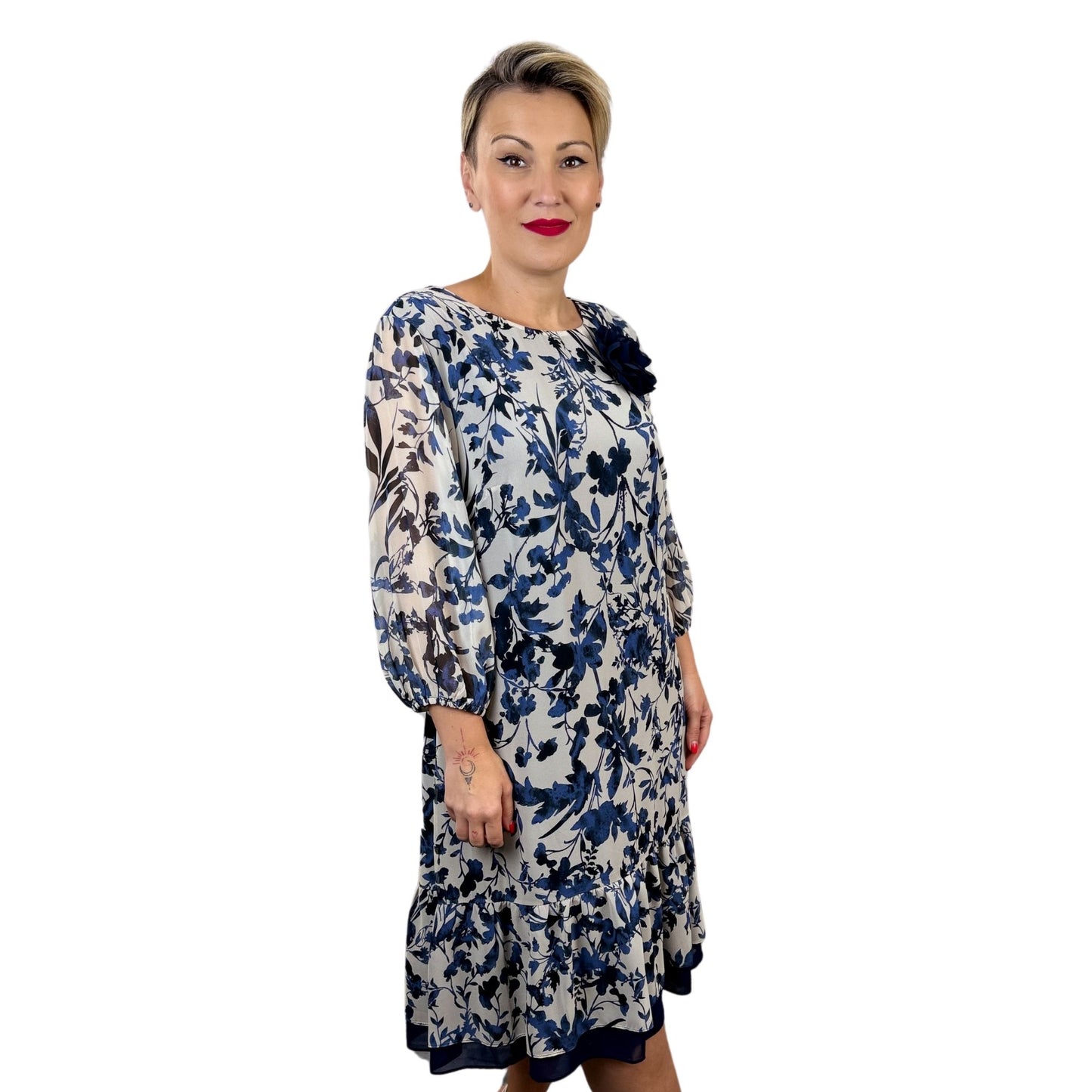 Rochie dreaptă cu imprimeu floral albastru -k1
