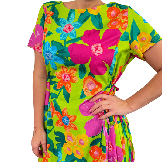 Rochie verde lime cu flori roz -k1