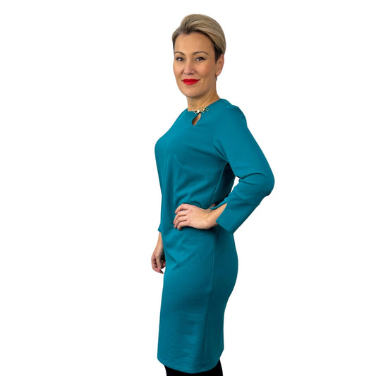 Rochie dreaptă turcoaz cu broșă -k1