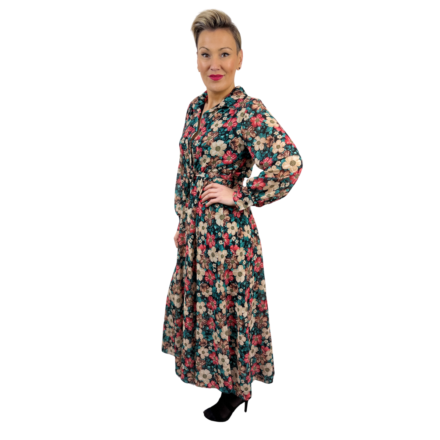 Rochie neagră midi cu imprimeu floral -k1