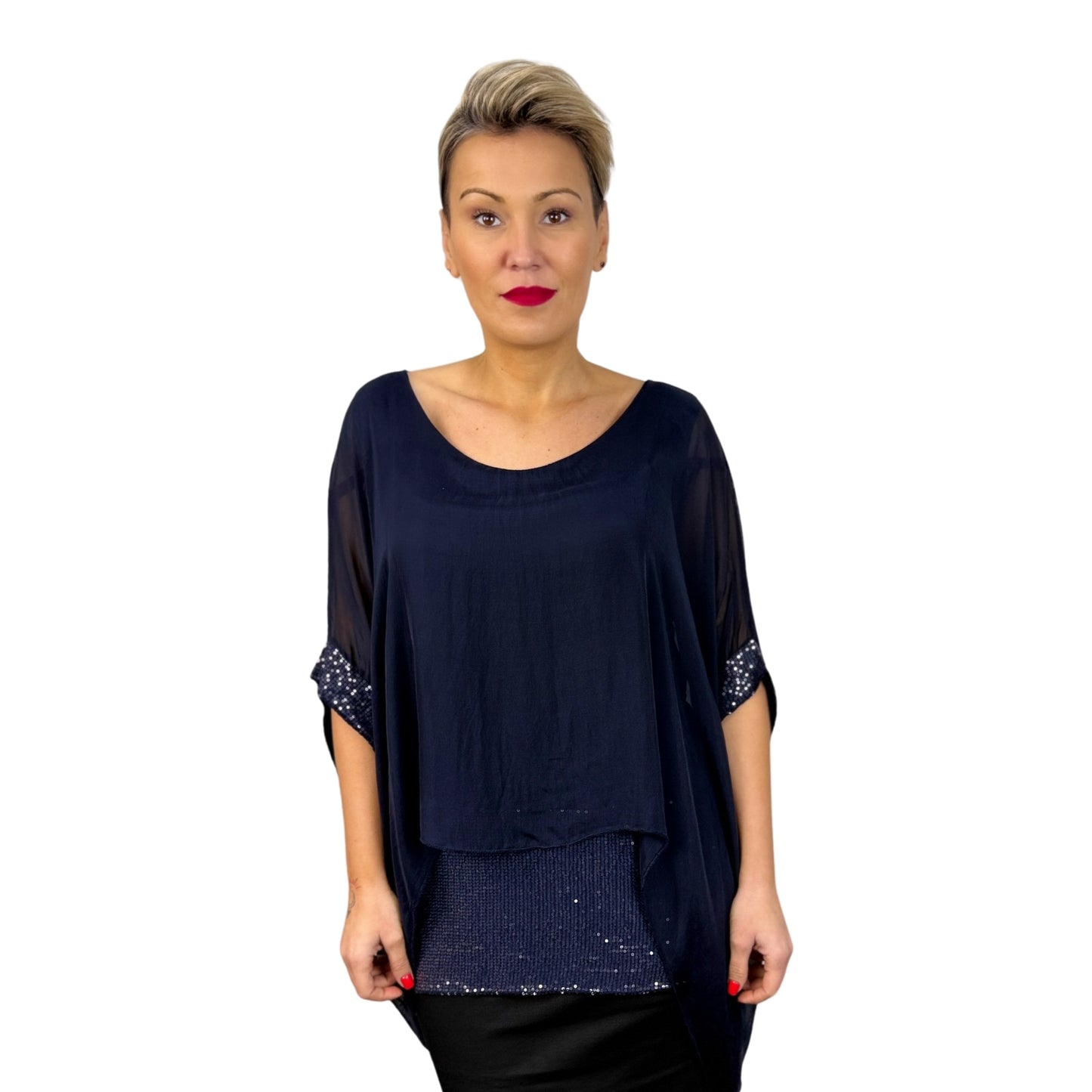 Bluză bleumarin de mătase cu paiete -k1
