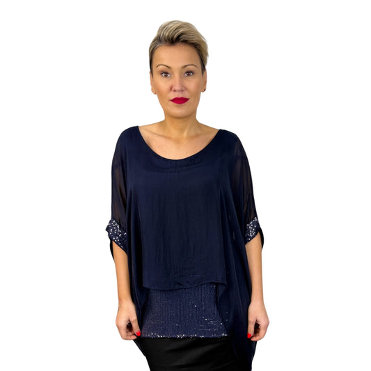 Bluză bleumarin de mătase cu paiete -k1