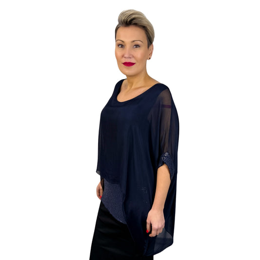 Bluză bleumarin de mătase cu paiete -k1