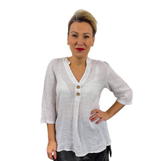 Bluză de in albă cu doi nasturi mici -k1