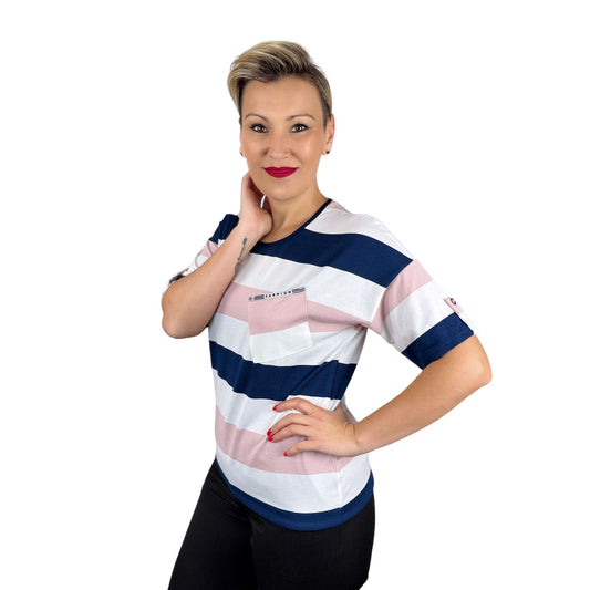 Bluză cu mânecă scurtă roz pal și bleumarin -k1