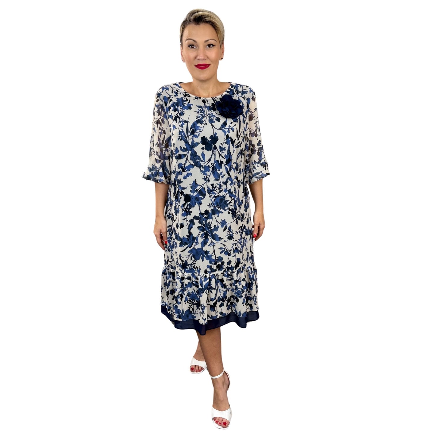 Rochie dreaptă cu imprimeu floral albastru -k1