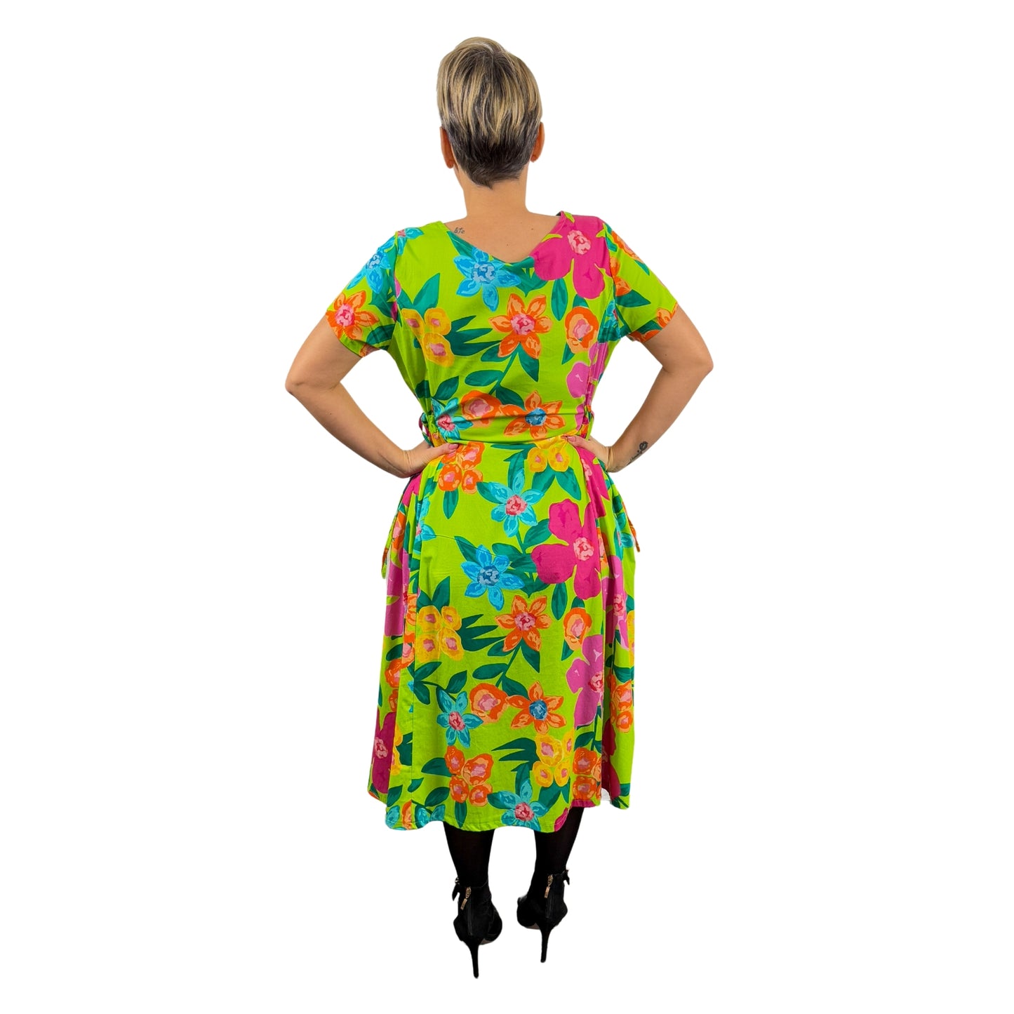 Rochie verde lime cu flori roz -k1