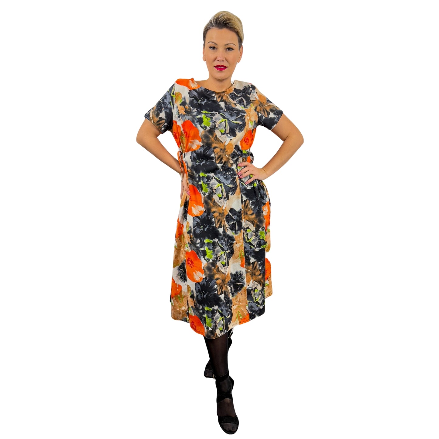 Rochie cu flori portocalii și gri -k1