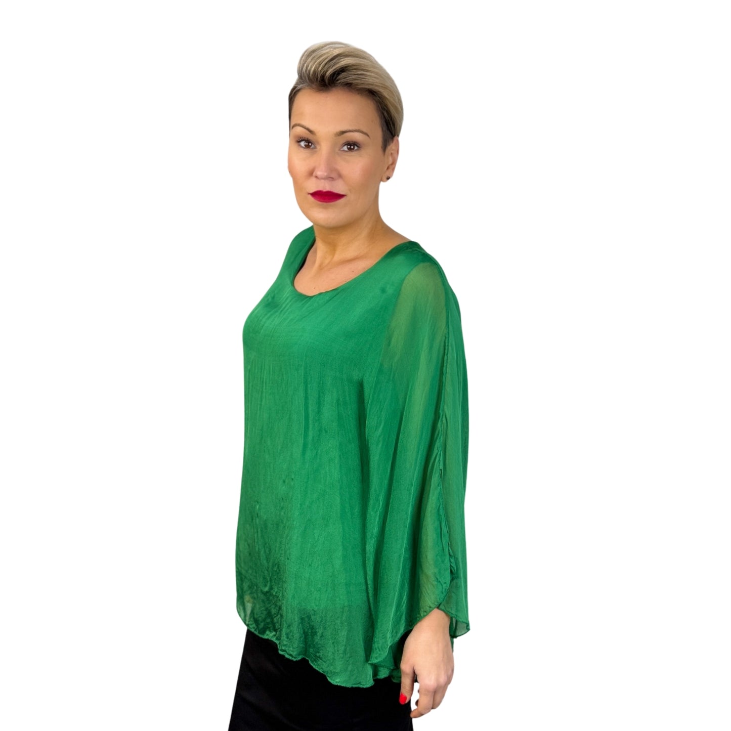 Bluză de mătase verde cu mânecă fluture -k1