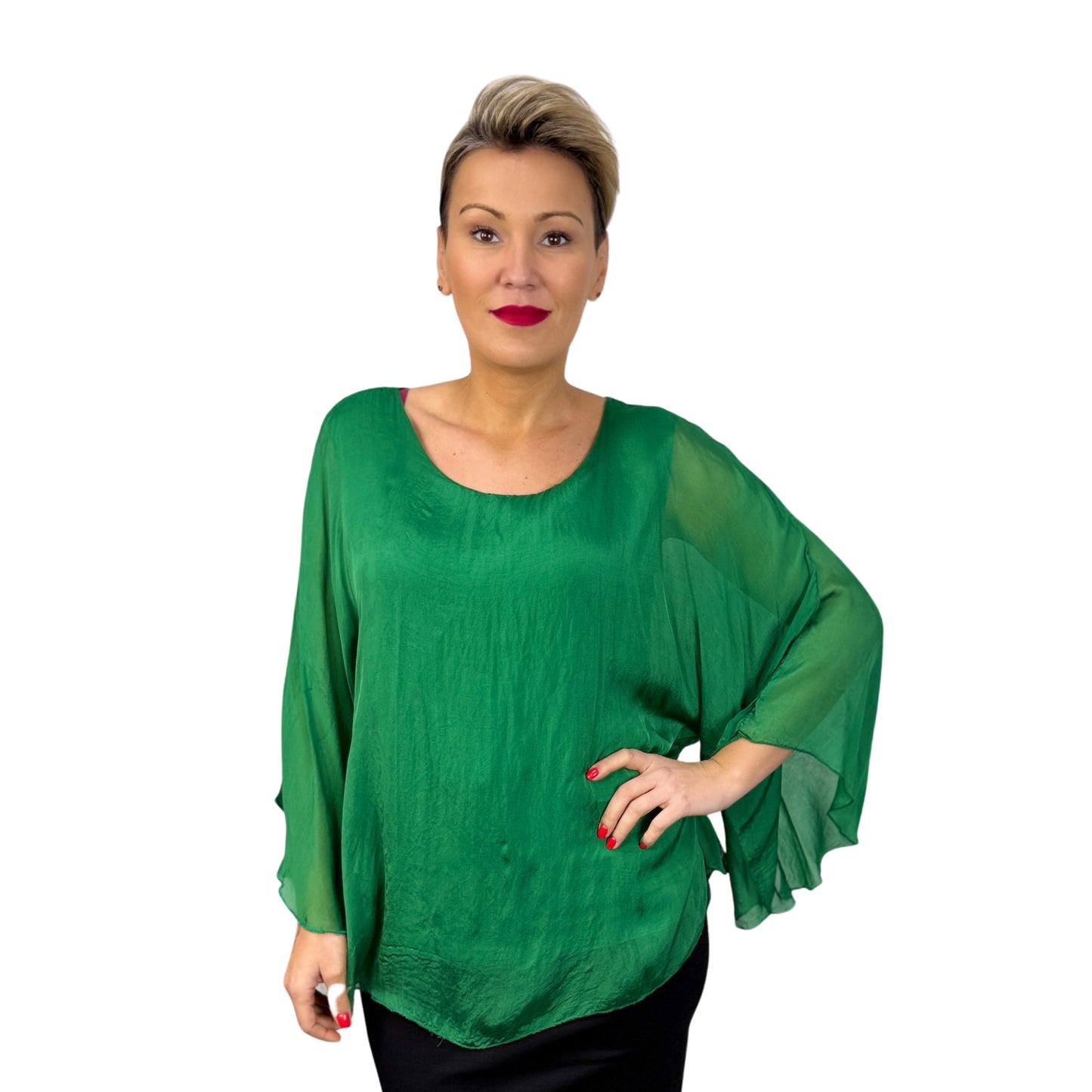 Bluză de mătase verde cu mânecă fluture -k1