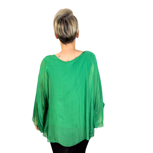 Bluză de mătase verde cu mânecă fluture -k1