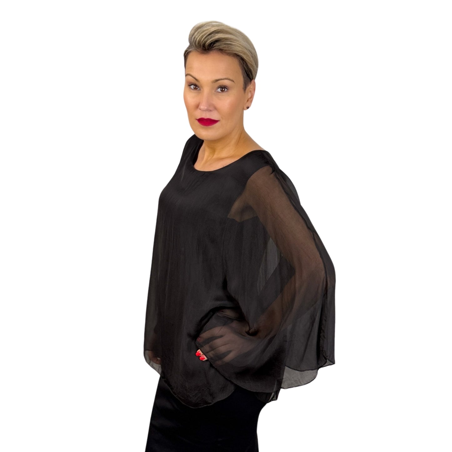 Bluză neagră de mătase cu mânecă fluture -k1
