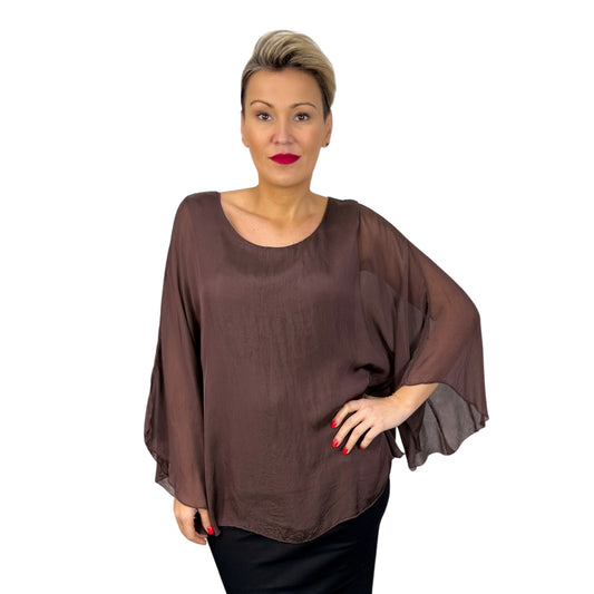 Bluză maro de mătase cu mânecă fluture -k1