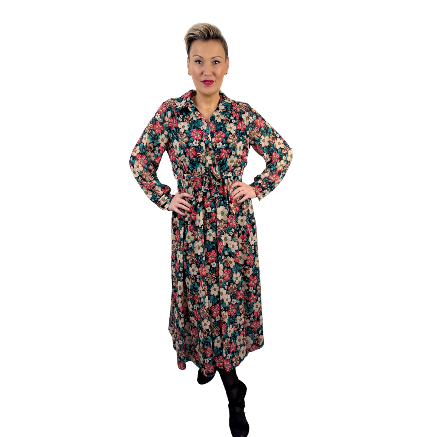 Rochie neagră midi cu imprimeu floral -k1