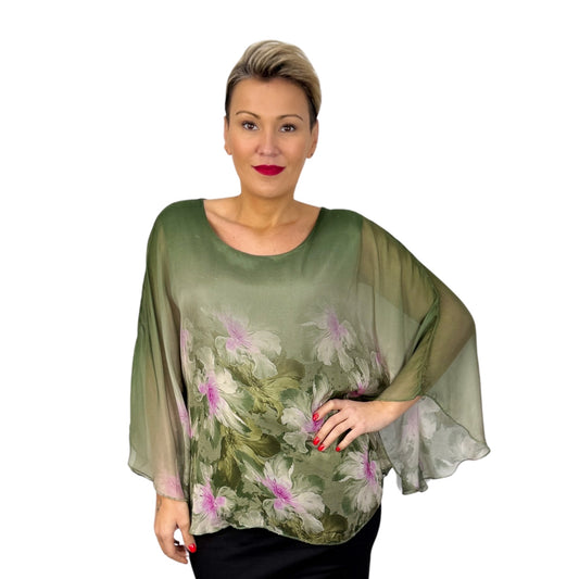 Bluză kaki de mătase cu model -k1