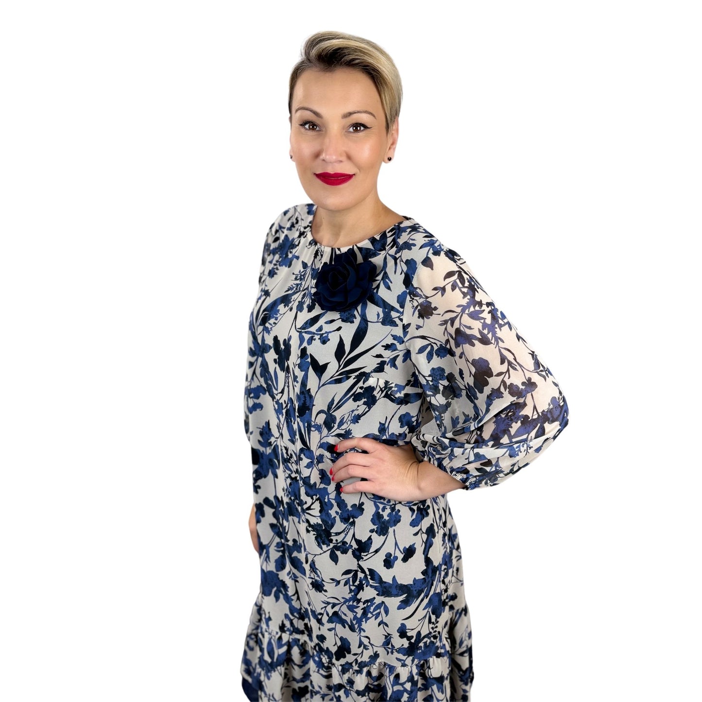 Rochie dreaptă cu imprimeu floral albastru -k1