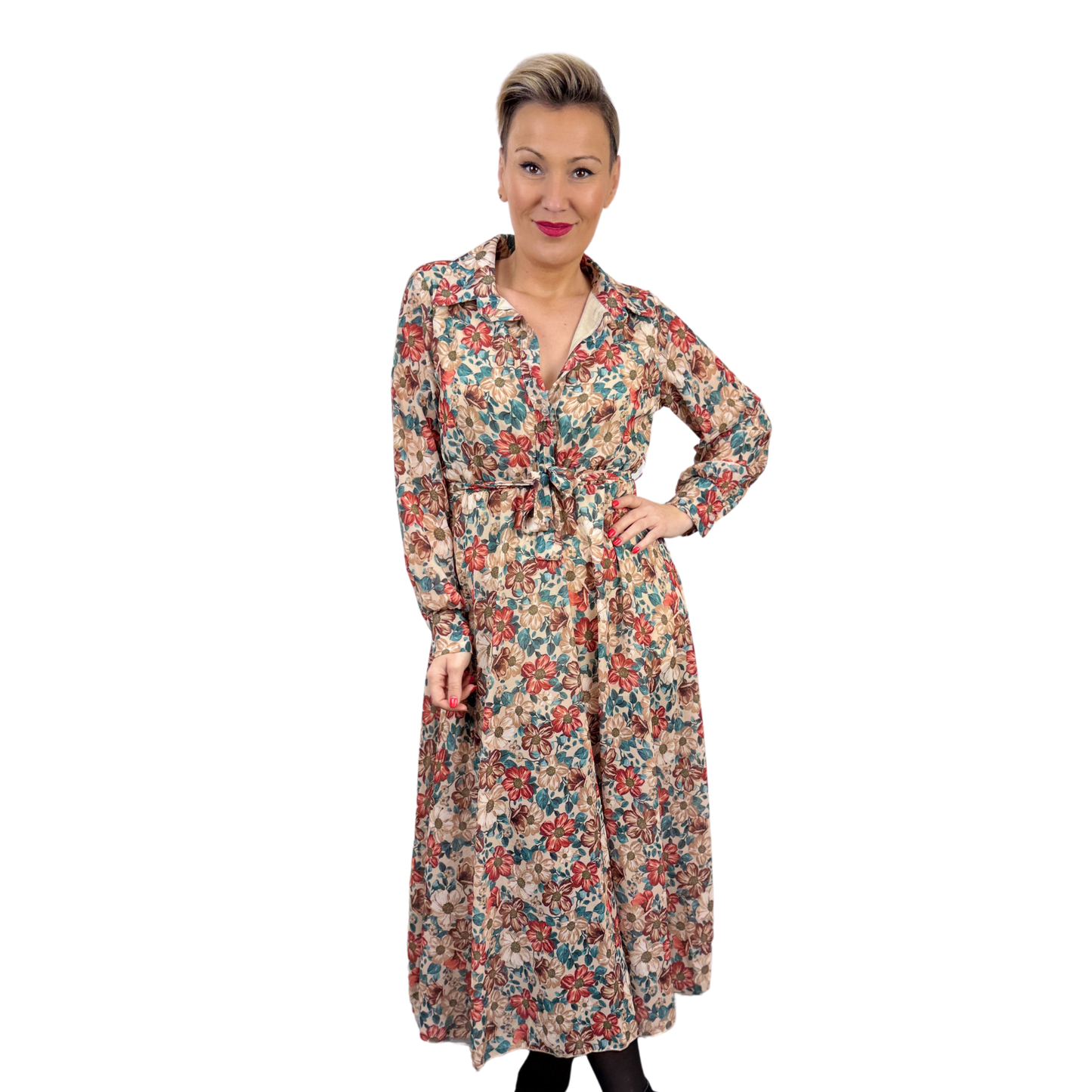 Rochie bej midi cu imprimeu floral -k1
