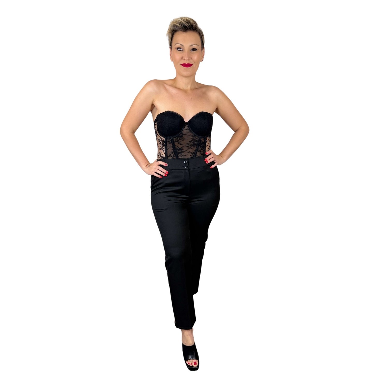 Pantaloni negri cu elastic în talie -k1