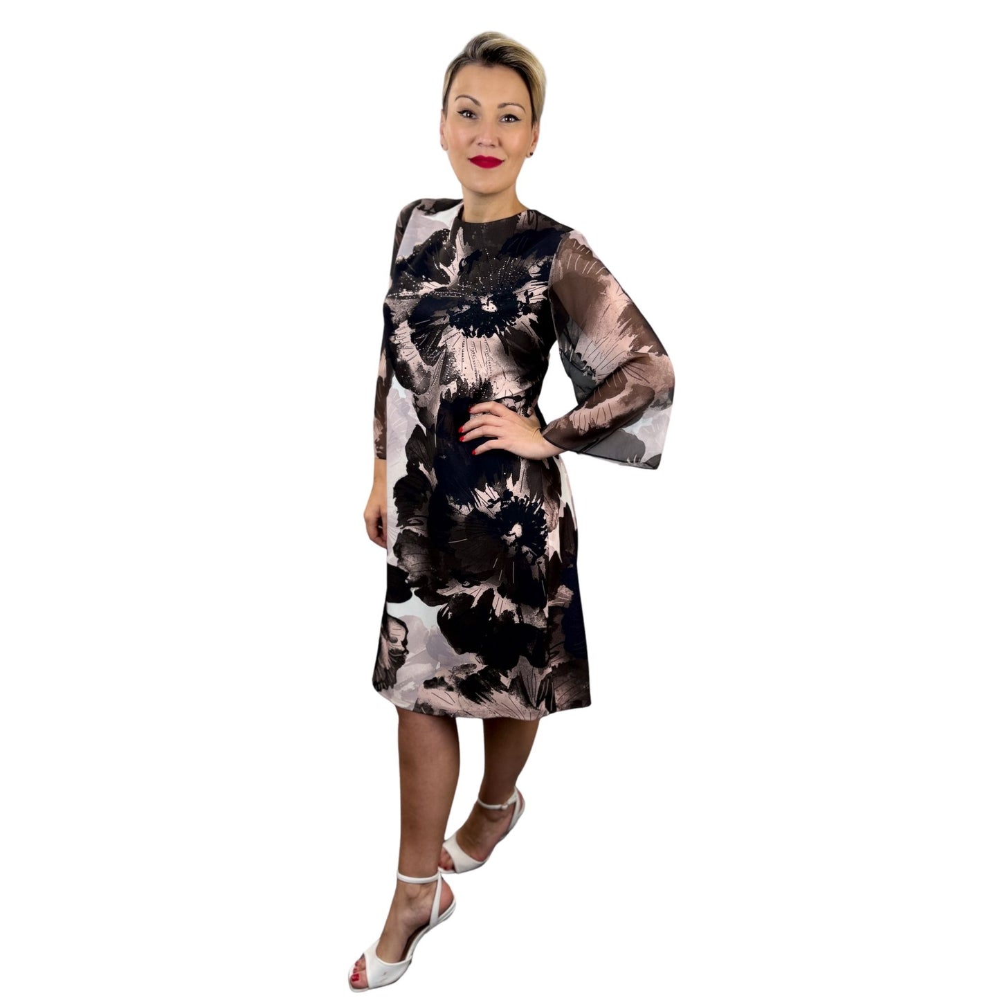 Rochie dreaptă bej cu imprimeu floral -k1