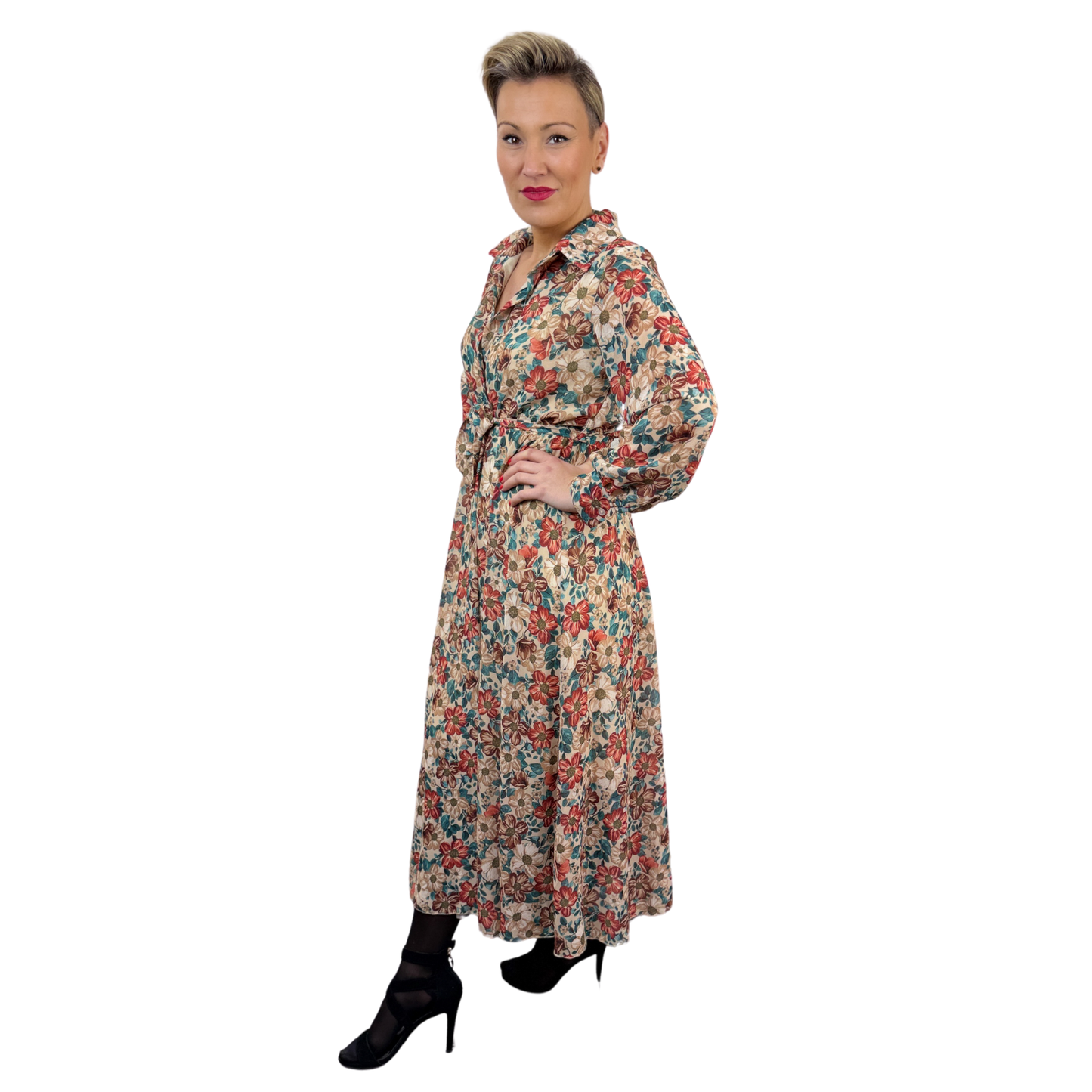 Rochie bej midi cu imprimeu floral -k1