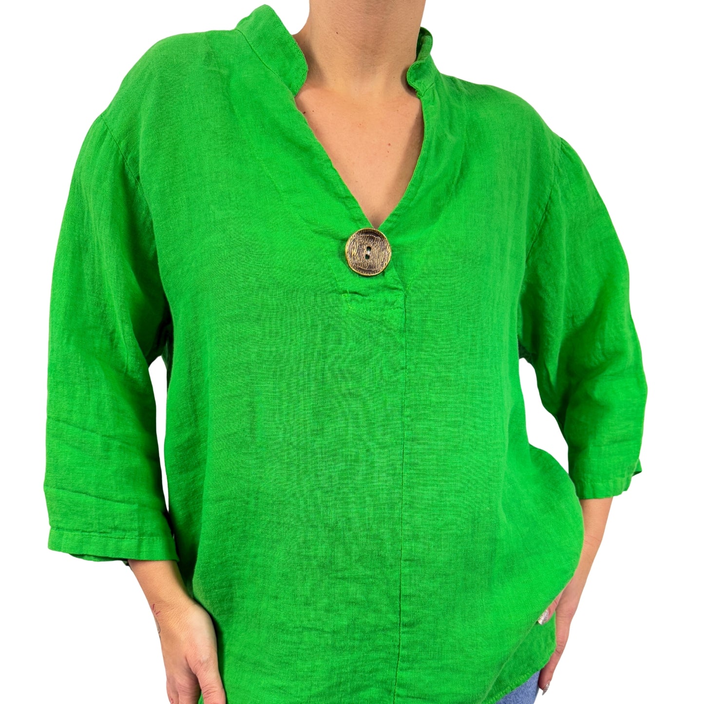 Bluză verde de in cu guler tunică -k1