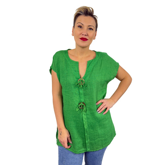Bluză verde de in cu mânecă scurtă -k1