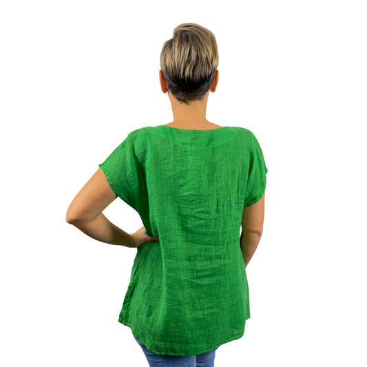 Bluză verde de in cu mânecă scurtă -k1