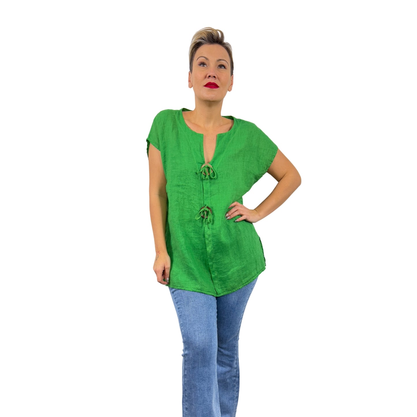 Bluză verde de in cu mânecă scurtă -k1
