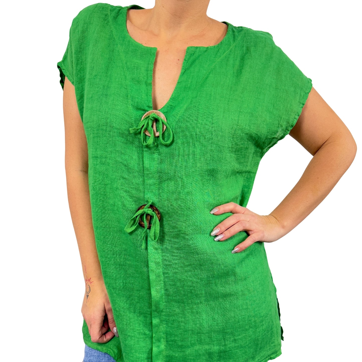 Bluză verde de in cu mânecă scurtă -k1