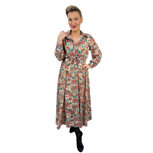 Rochie bej midi cu imprimeu floral -k1