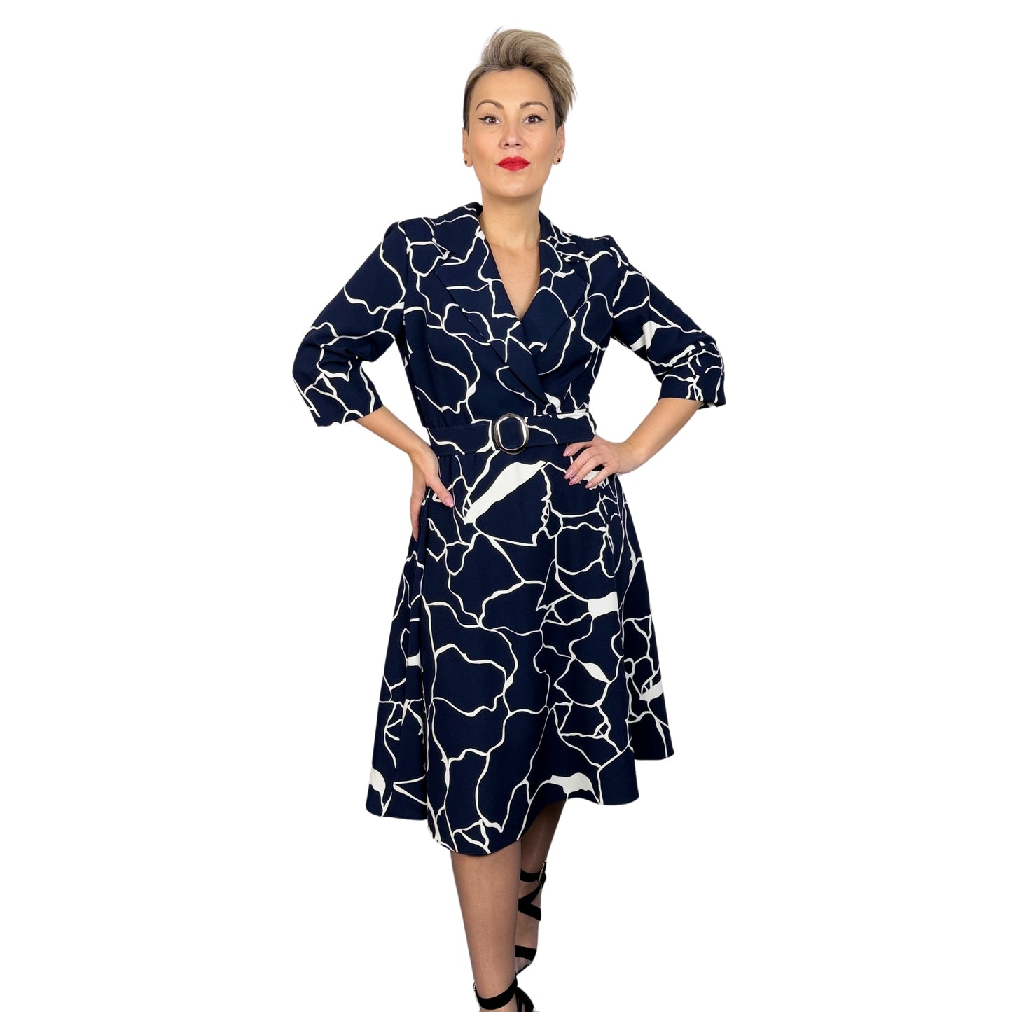Rochie din tafta bleumarin cu alb- k1