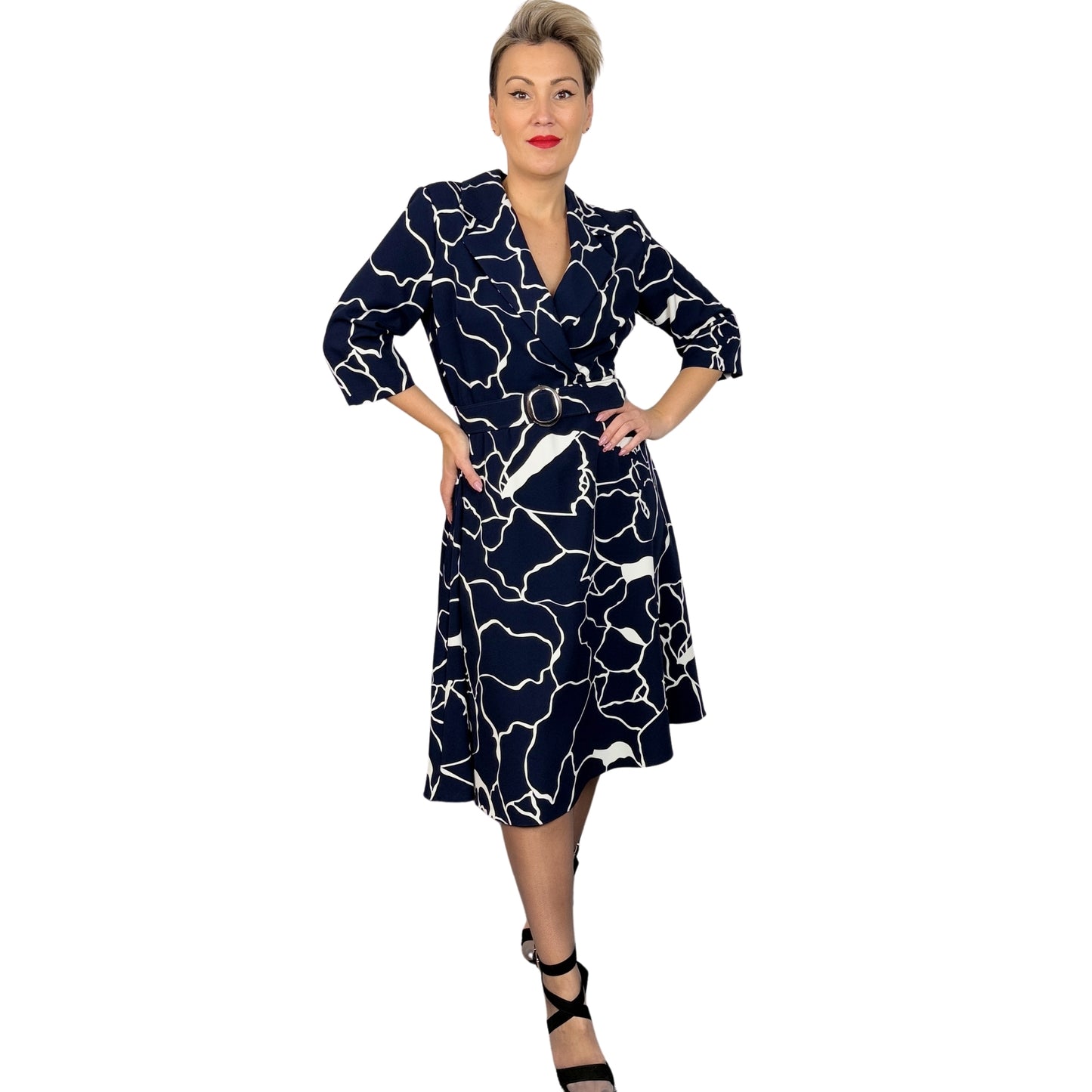 Rochie din tafta bleumarin cu alb- k1