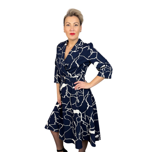 Rochie din tafta bleumarin cu alb- k1