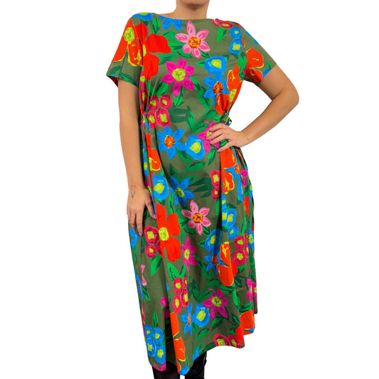 Rochie kaki cu flori portocalii fără mâneci -k1