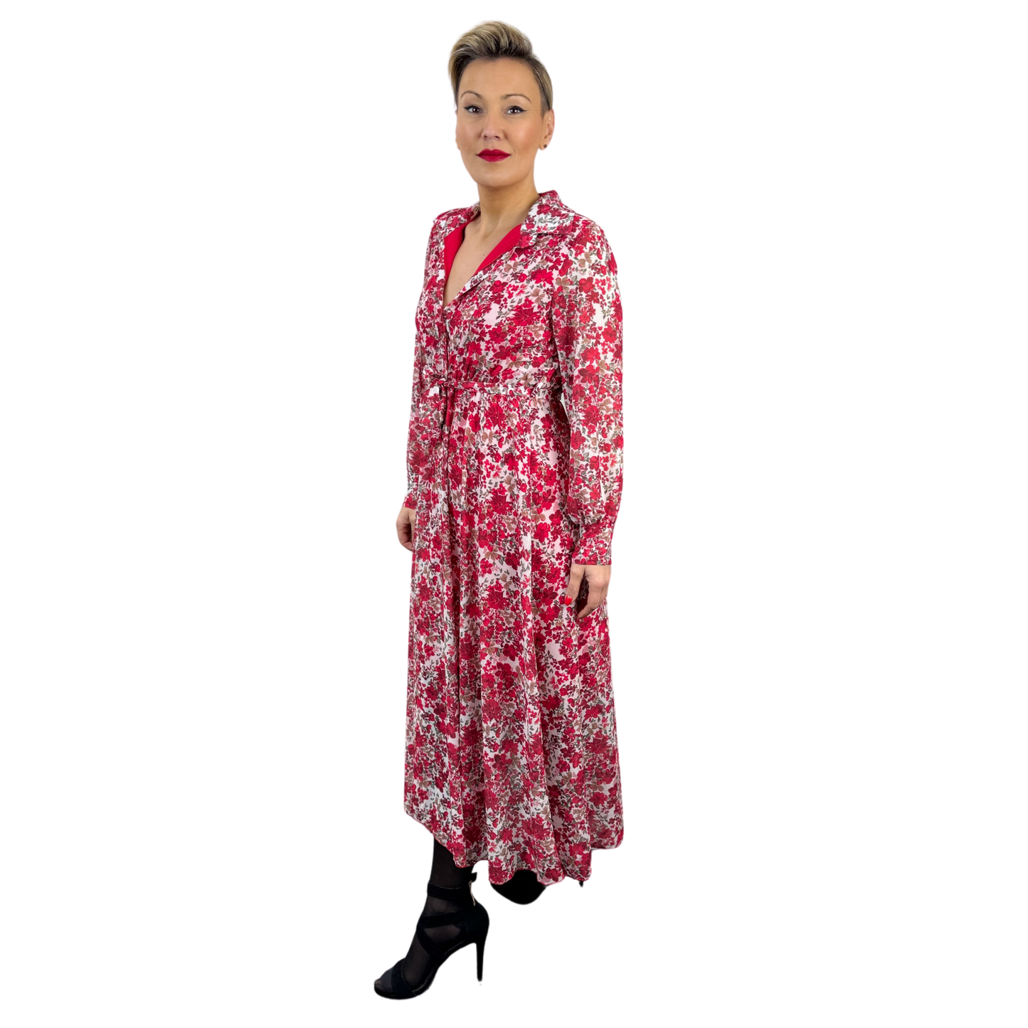 Rochie roșie midi cu imprimeu floral -k1