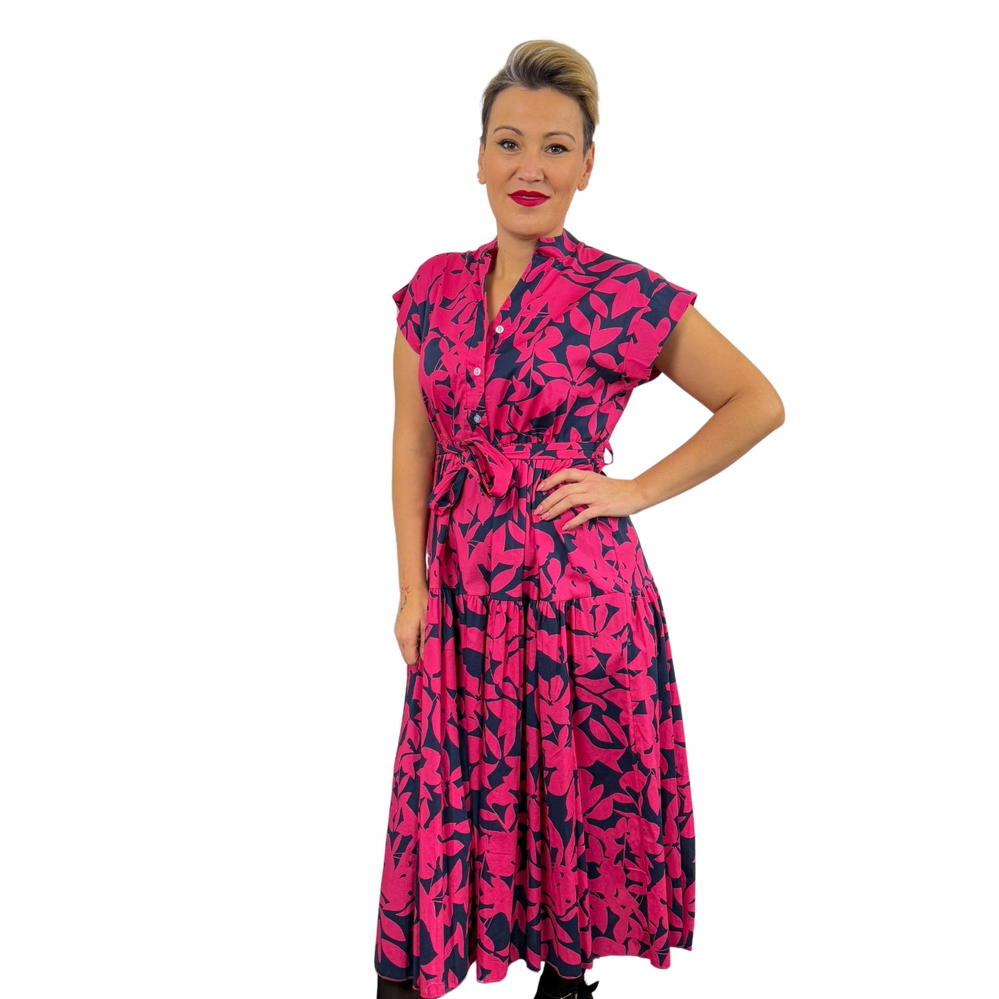 Rochie midi fucsia cu flori -k1