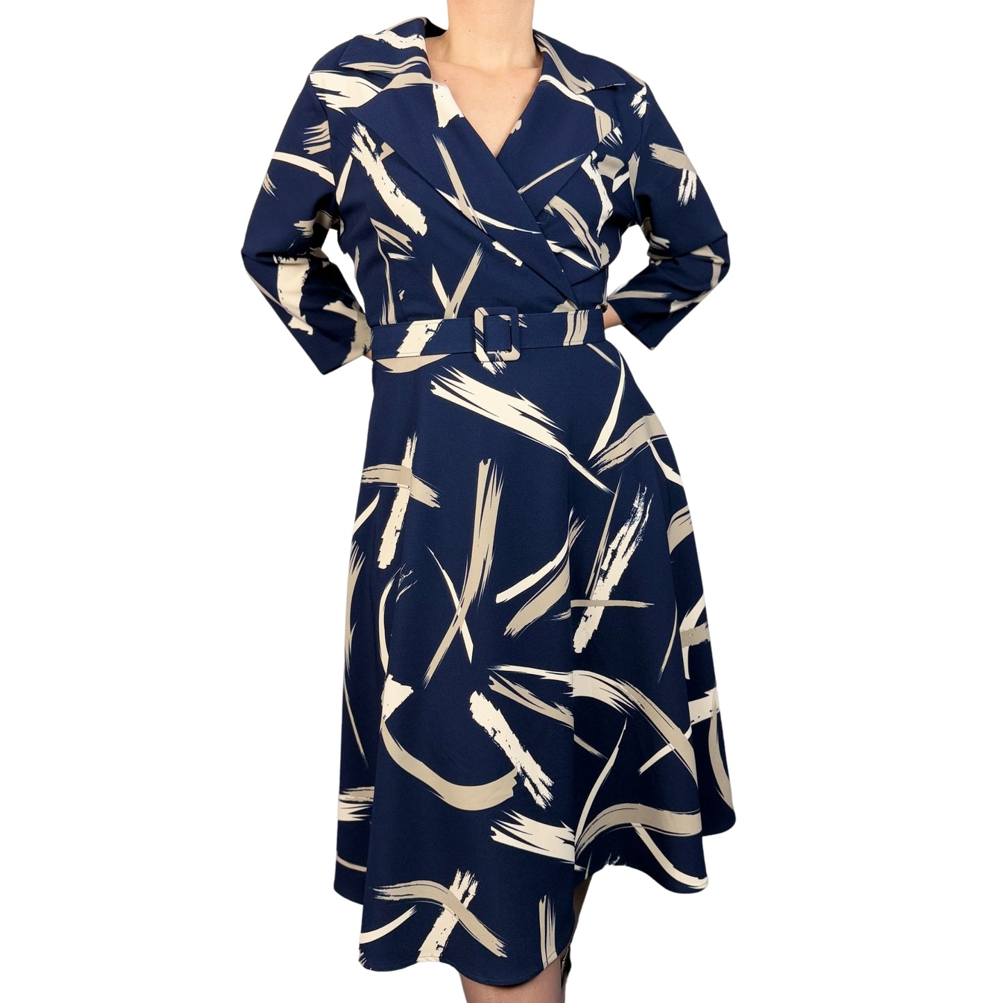 Rochie din tafta bleumarin cu bej -k1