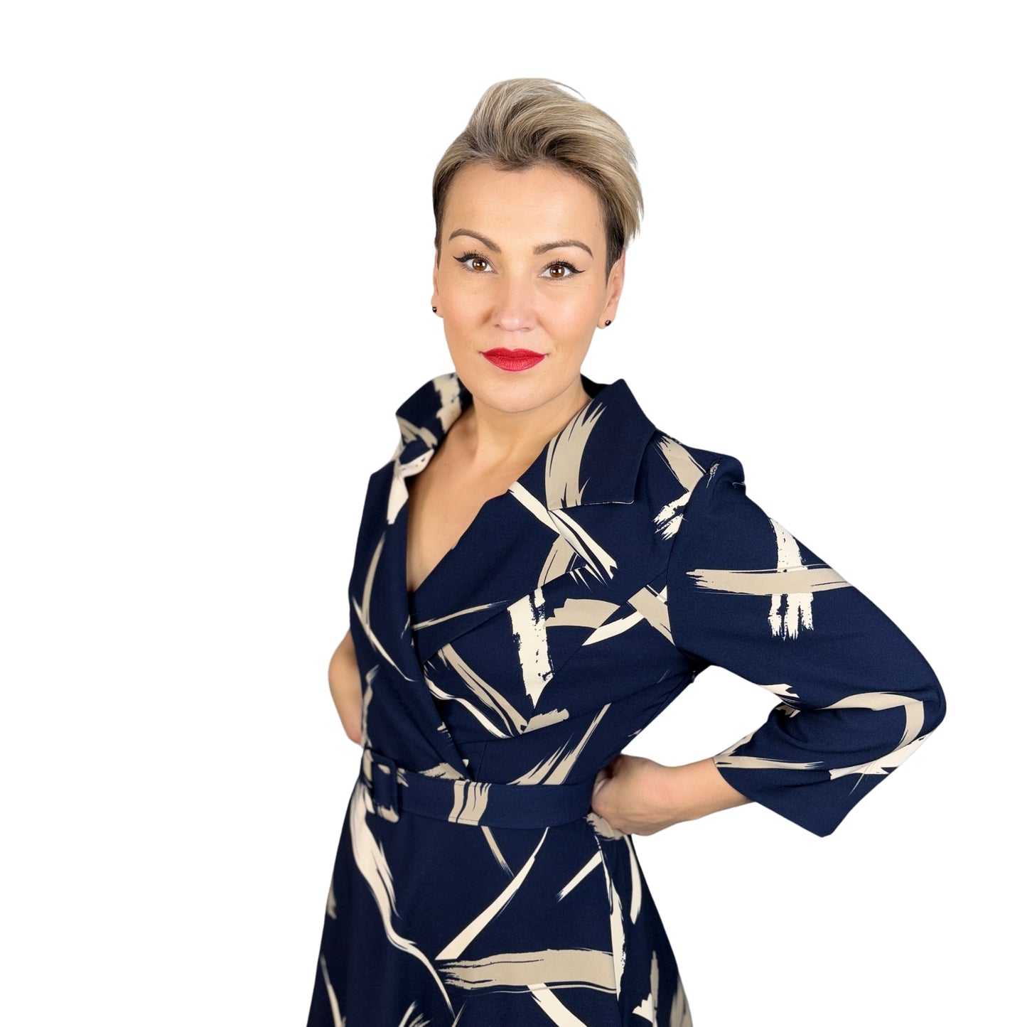 Rochie din tafta bleumarin cu bej -k1