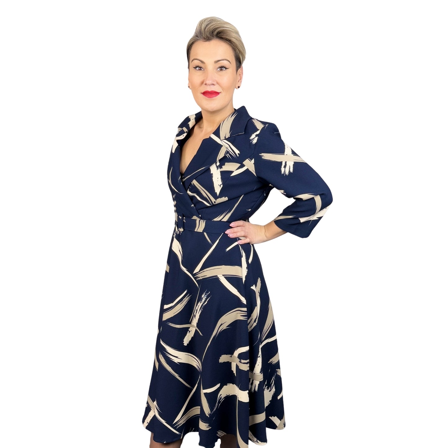 Rochie din tafta bleumarin cu bej -k1