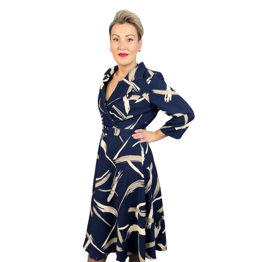 Rochie din tafta bleumarin cu bej -k1