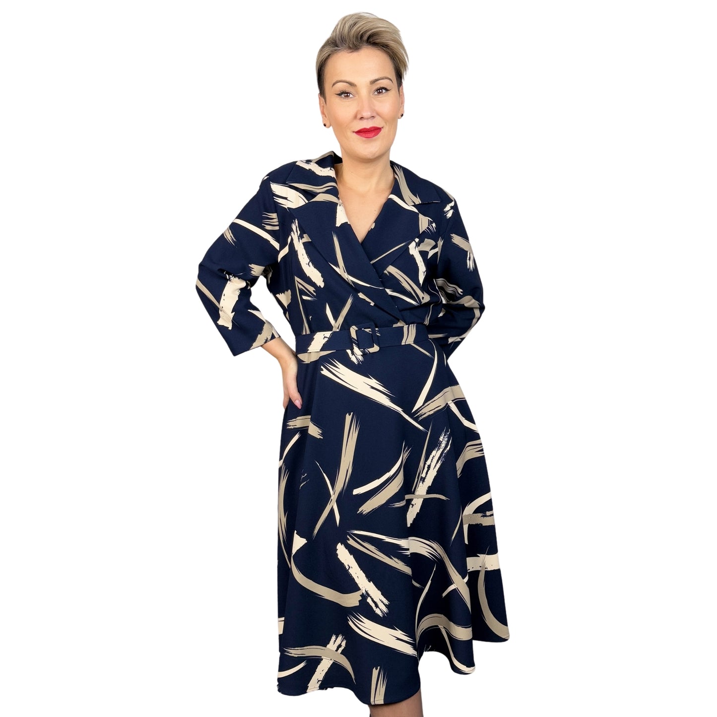 Rochie din tafta bleumarin cu bej -k1