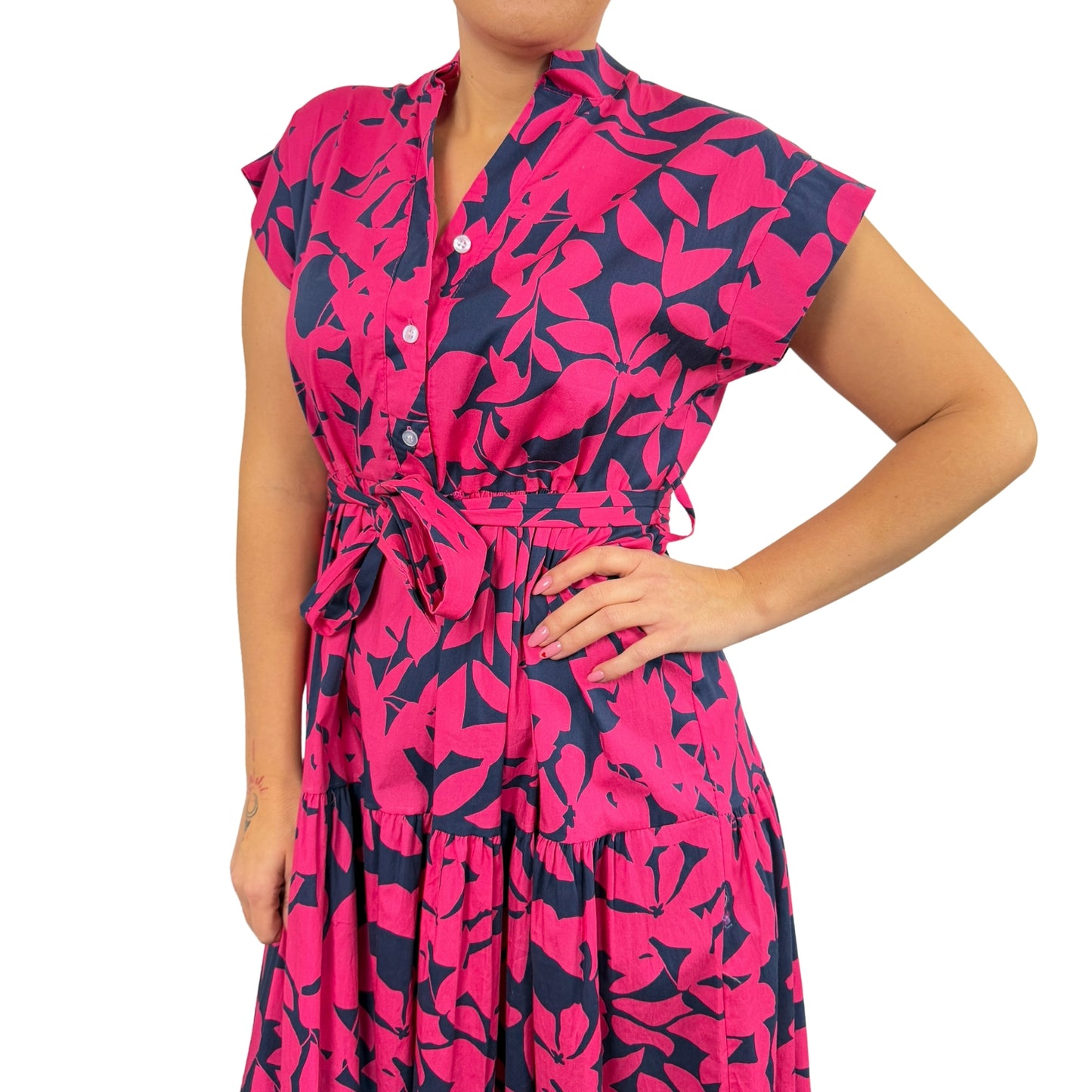 Rochie midi fucsia cu flori -k1