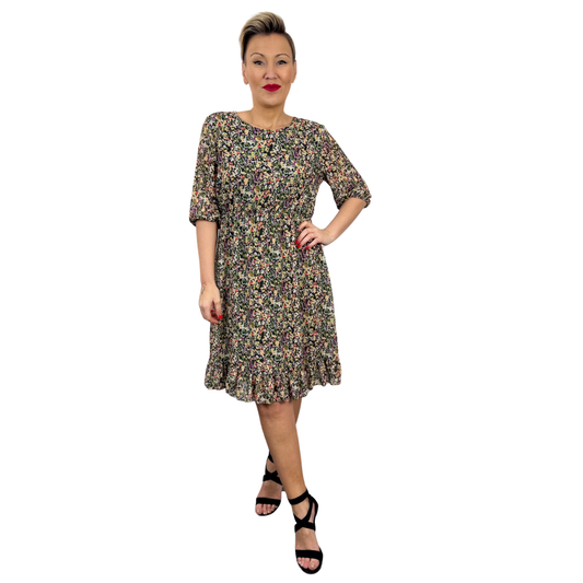 Rochie kaki scurtă cu imprimeu floral -k1