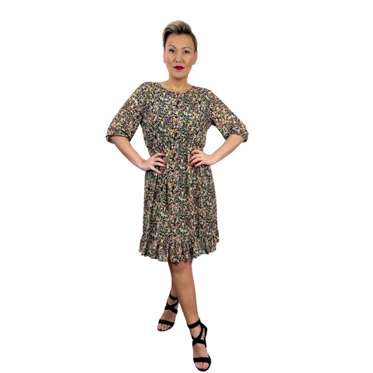 Rochie kaki scurtă cu imprimeu floral -k1
